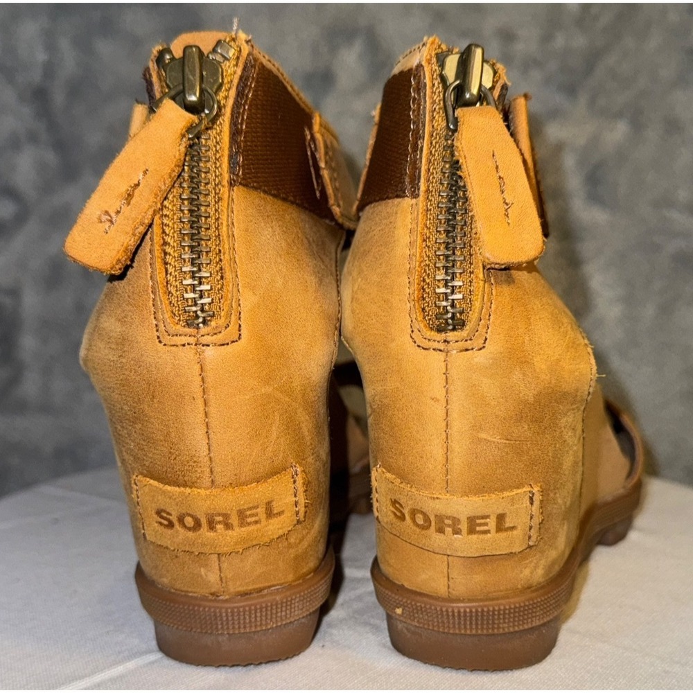 Sorel women Sz 7.5 Joanie II Brown Leather Wedge Heel Sandals neutral minimalist - Picture 4 of 9